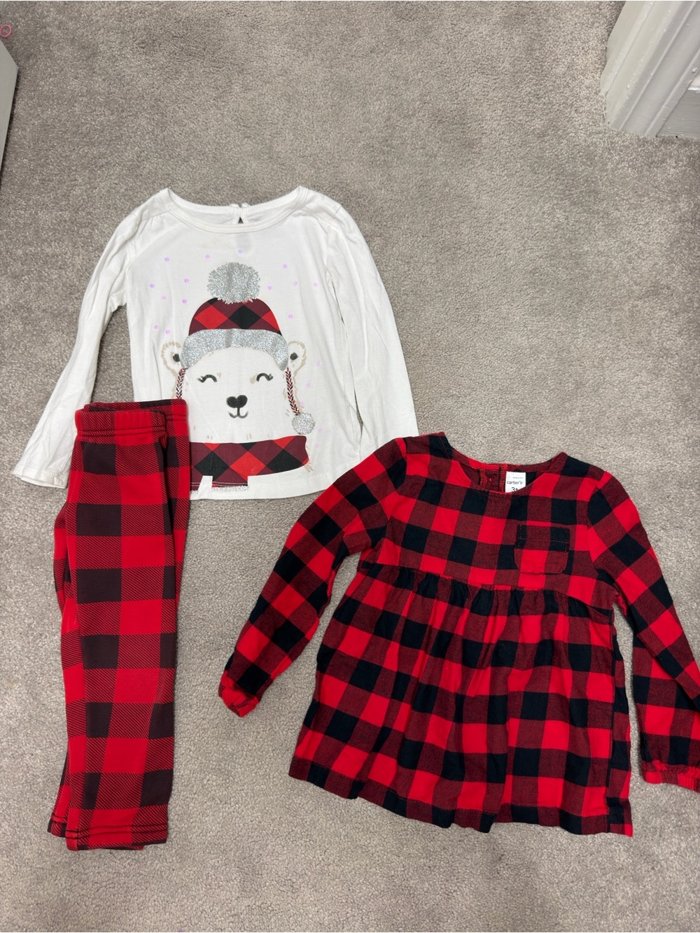 Carter's Red and Black Plaid Top With Polar Bear Set 3t